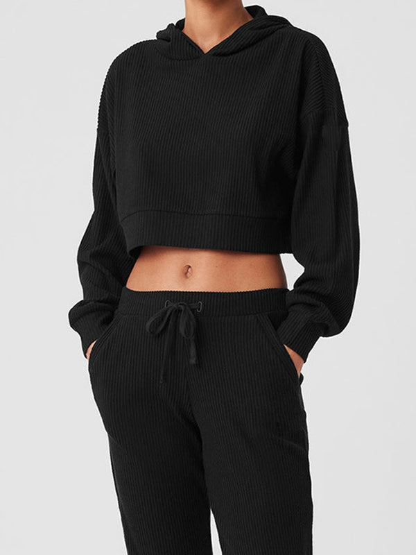 BUYCO Female Velvet Ribbed Pocket Hooded Tracksuit