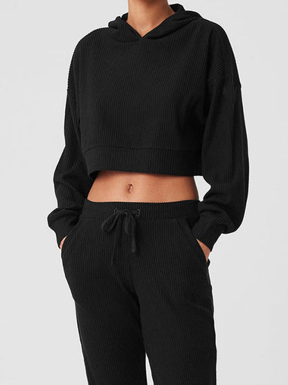 BUYCO Female Velvet Ribbed Pocket Hooded Tracksuit