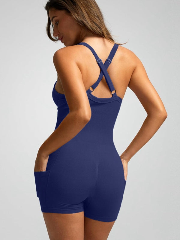 BUYCO Female Ribbed Pocket Cross Back Ruched Back Seamless Romper