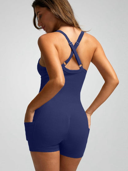 BUYCO Female Ribbed Pocket Cross Back Ruched Back Seamless Romper