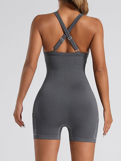 BUYCO Female Ribbed Pocket Cross Back Ruched Back Seamless Romper