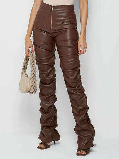 BUYCO Female Faux Leather Folds Zipper Fashion Leggings