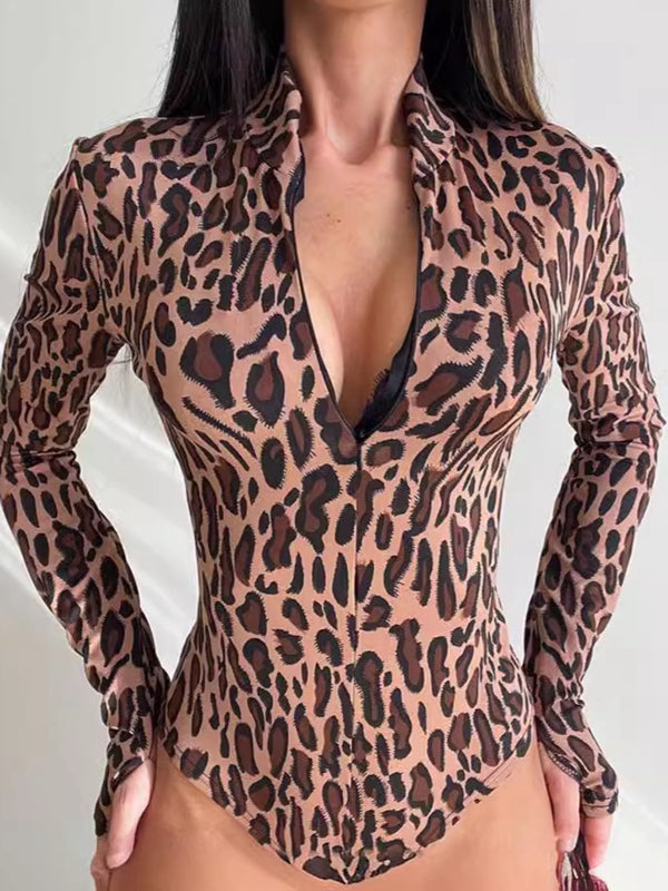 BUYCO Female Fitted Leopard Print Zipper Bodysuit