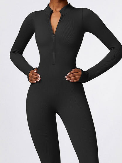 BUYCO Female Ribbed Zipper Stand Collar Jumpsuit