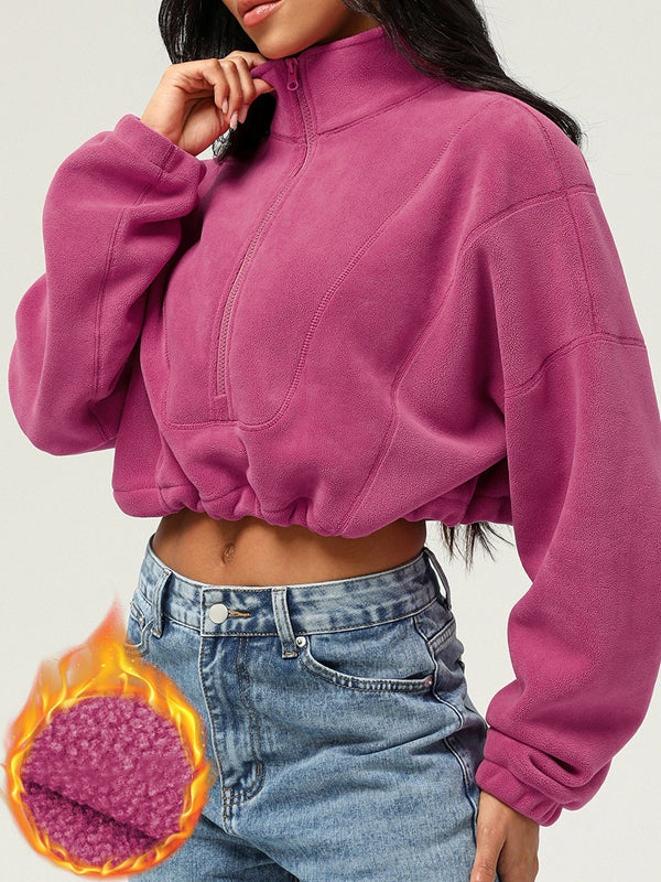 BUYCO Female Fleece Half Zipper Drawstring Cropped Hoodie