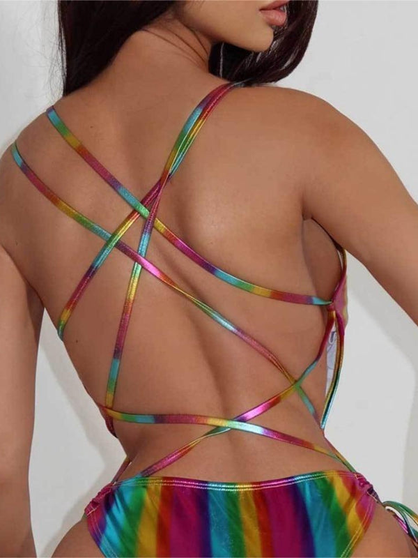 BUYCO Female Fitted Rainbow Color Cross Back Lace-up One Piece