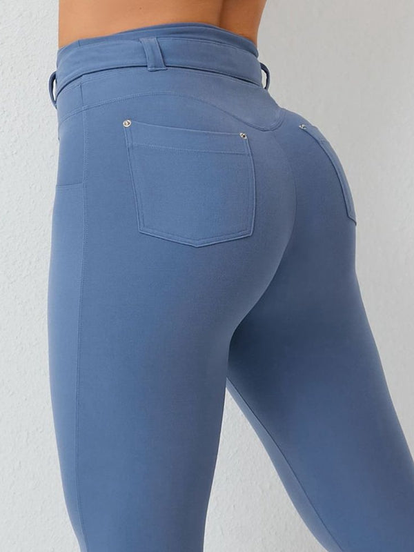 BUYCO Female High-waisted Adjustable Strap Solid Color Elastic Tight Basic Yoga Leggings