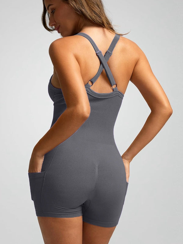 BUYCO Female Ribbed Pocket Cross Back Ruched Back Seamless Romper