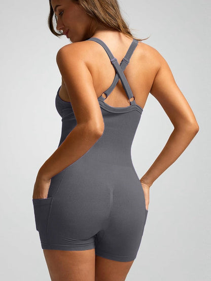 BUYCO Female Ribbed Pocket Cross Back Ruched Back Seamless Romper