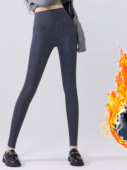 BUYCO Female Denim Fleece Pocket Elastic Tight Leggings