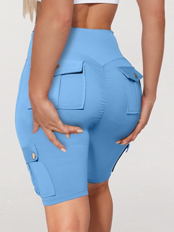 BUYCO Female Pocket Ruched Back High-rise Cargo Style Spandex Gym Fit Shorts
