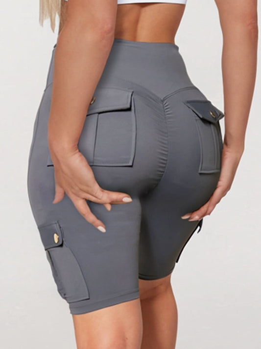 BUYCO Female Pocket Ruched Back High-rise Cargo Style Spandex Gym Fit Shorts
