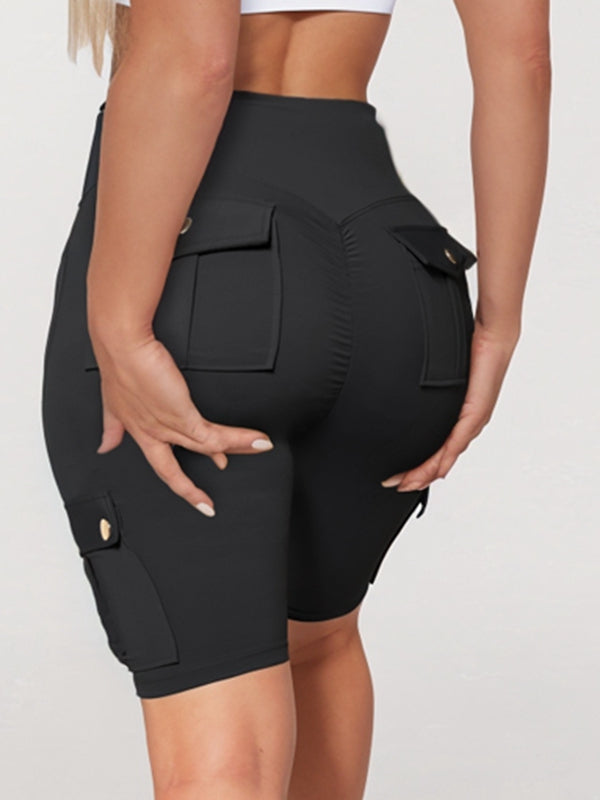 BUYCO Female Pocket Ruched Back High-rise Cargo Style Spandex Gym Fit Shorts