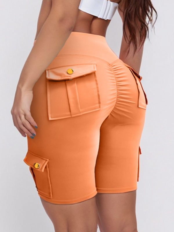 BUYCO Female Pocket Ruched Back High-rise Cargo Style Spandex Gym Fit Shorts