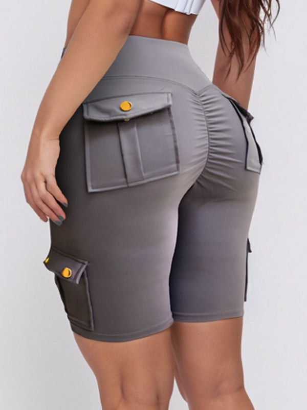 BUYCO Female Pocket Ruched Back High-rise Cargo Style Spandex Gym Fit Shorts