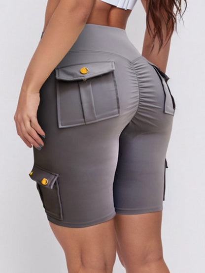 BUYCO Female Pocket Ruched Back High-rise Cargo Style Spandex Gym Fit Shorts