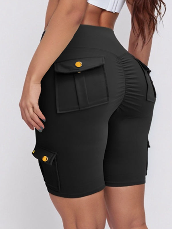 BUYCO Female Pocket Ruched Back High-rise Cargo Style Spandex Gym Fit Shorts
