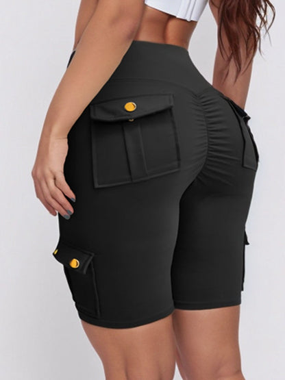 BUYCO Female Pocket Ruched Back High-rise Cargo Style Spandex Gym Fit Shorts