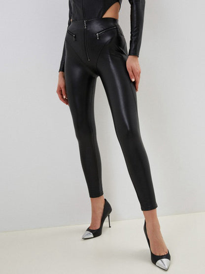 BUYCO Female PU Zipper Fly-eye Hip-lift Leggings