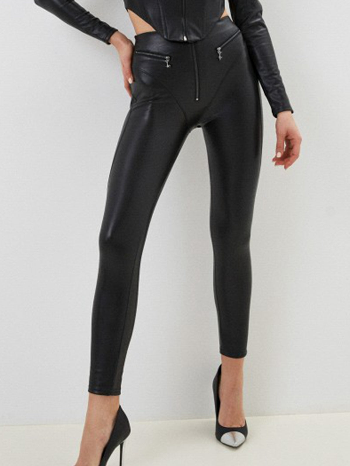 BUYCO Female PU Zipper Fly-eye Hip-lift Leggings