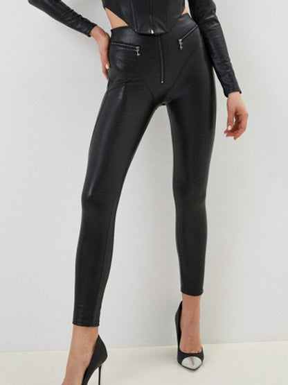 BUYCO Female PU Zipper Fly-eye Hip-lift Leggings