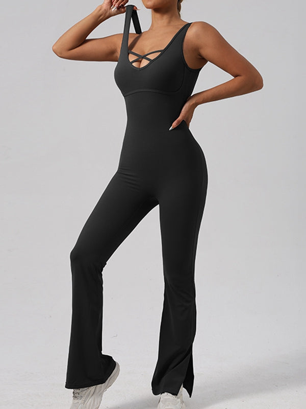 BUYCO Female Fitted Cross Collar Backless Flare Split Jumpsuit