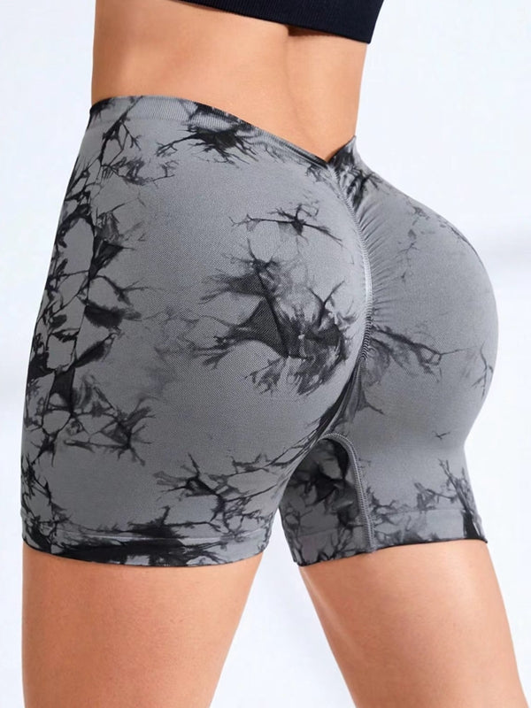 BUYCO Female Modern Tie-dye Deep V Back Ruched Back Spandex Gym Fit Shorts