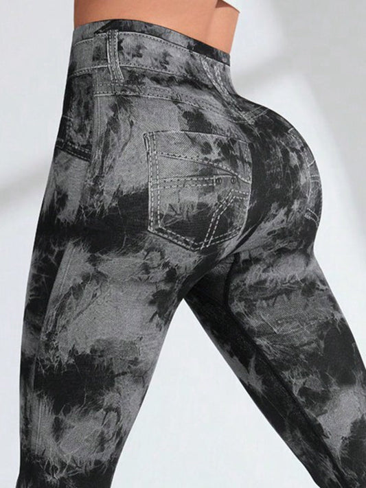 BUYCO Female Modern Tie-dye Denim Pocket Ruched Back Leggings