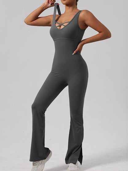 BUYCO Female Fitted Cross Collar Backless Flare Split Jumpsuit