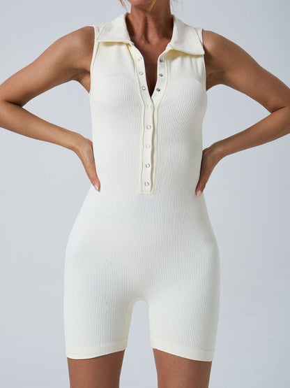 BUYCO Female Ribbed Lapel Collar Buttons Romper