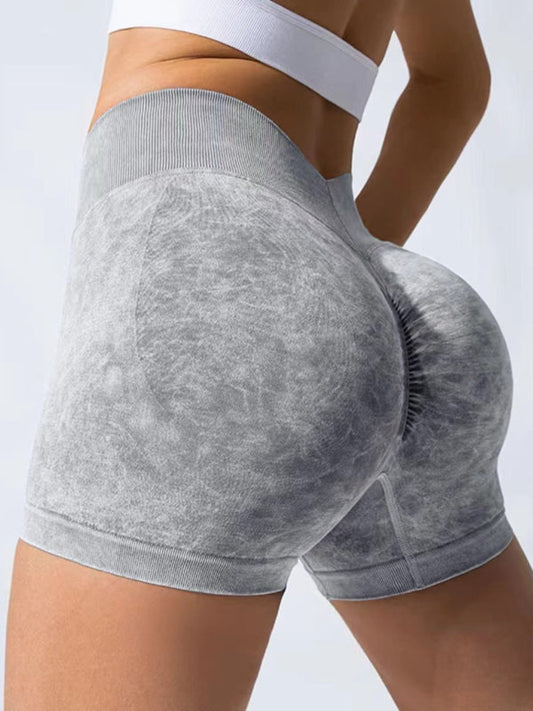 BUYCO Female Deep V Back Faux Denim Ruched Back Spandex Gym Fit Shorts