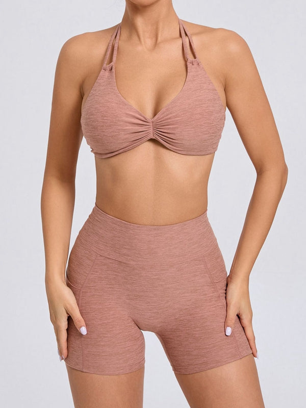 BUYCO Female Deep V Back Pocket Ruched Back Halter Backless Short Tracksuit