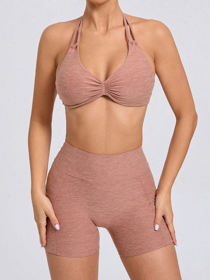 BUYCO Female Deep V Back Pocket Ruched Back Halter Backless Short Tracksuit