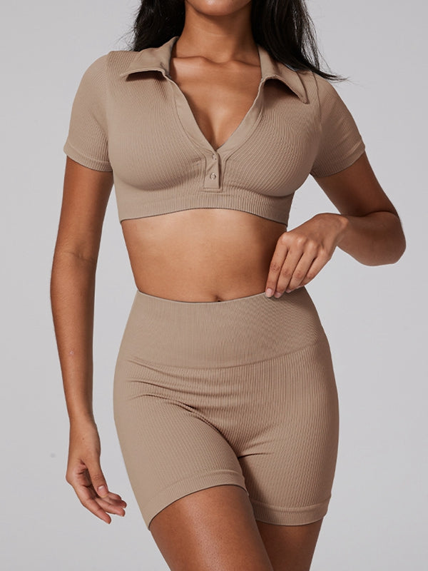 BUYCO Female Ribbed Lapel Collar Tight Short Tracksuit