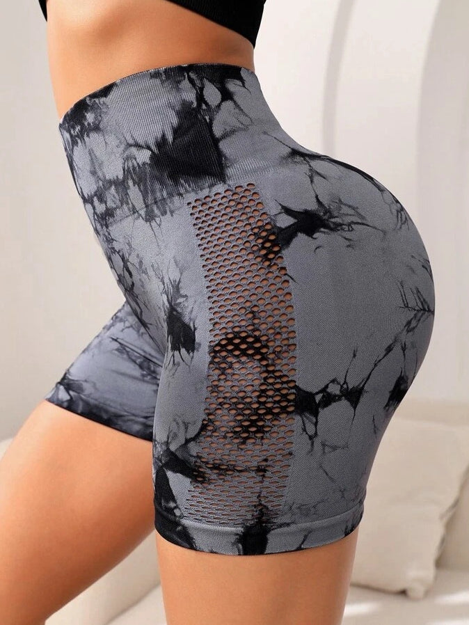 BUYCO Female New Modern Tie-dye Net Ruched Back Spandex Gym Fit Shorts