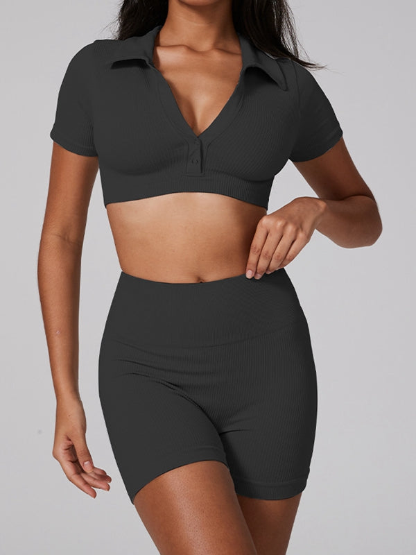 BUYCO Female Ribbed Lapel Collar Tight Short Tracksuit