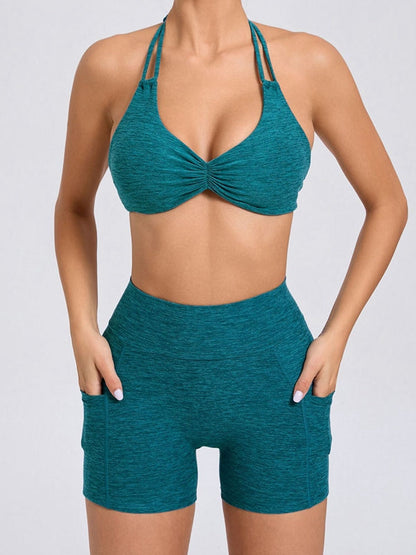 BUYCO Female Deep V Back Pocket Ruched Back Halter Backless Short Tracksuit