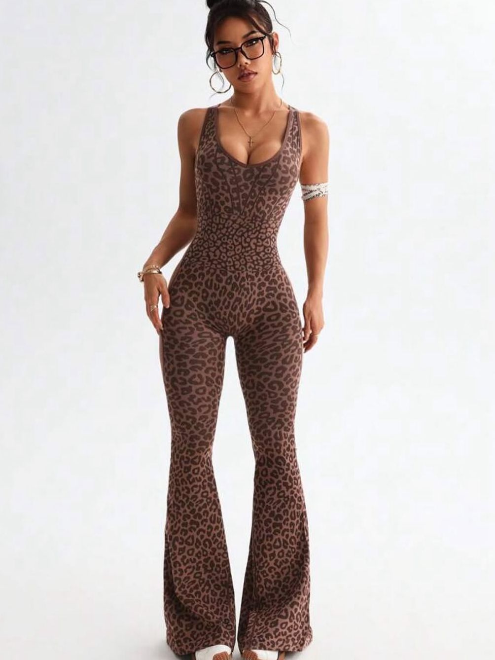 BUYCO Female Fitted Leopard Print Hollow Out Cross Back Deep V Back Jumpsuit
