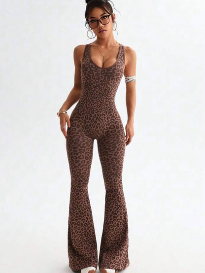 BUYCO Female Fitted Leopard Print Hollow Out Cross Back Deep V Back Jumpsuit