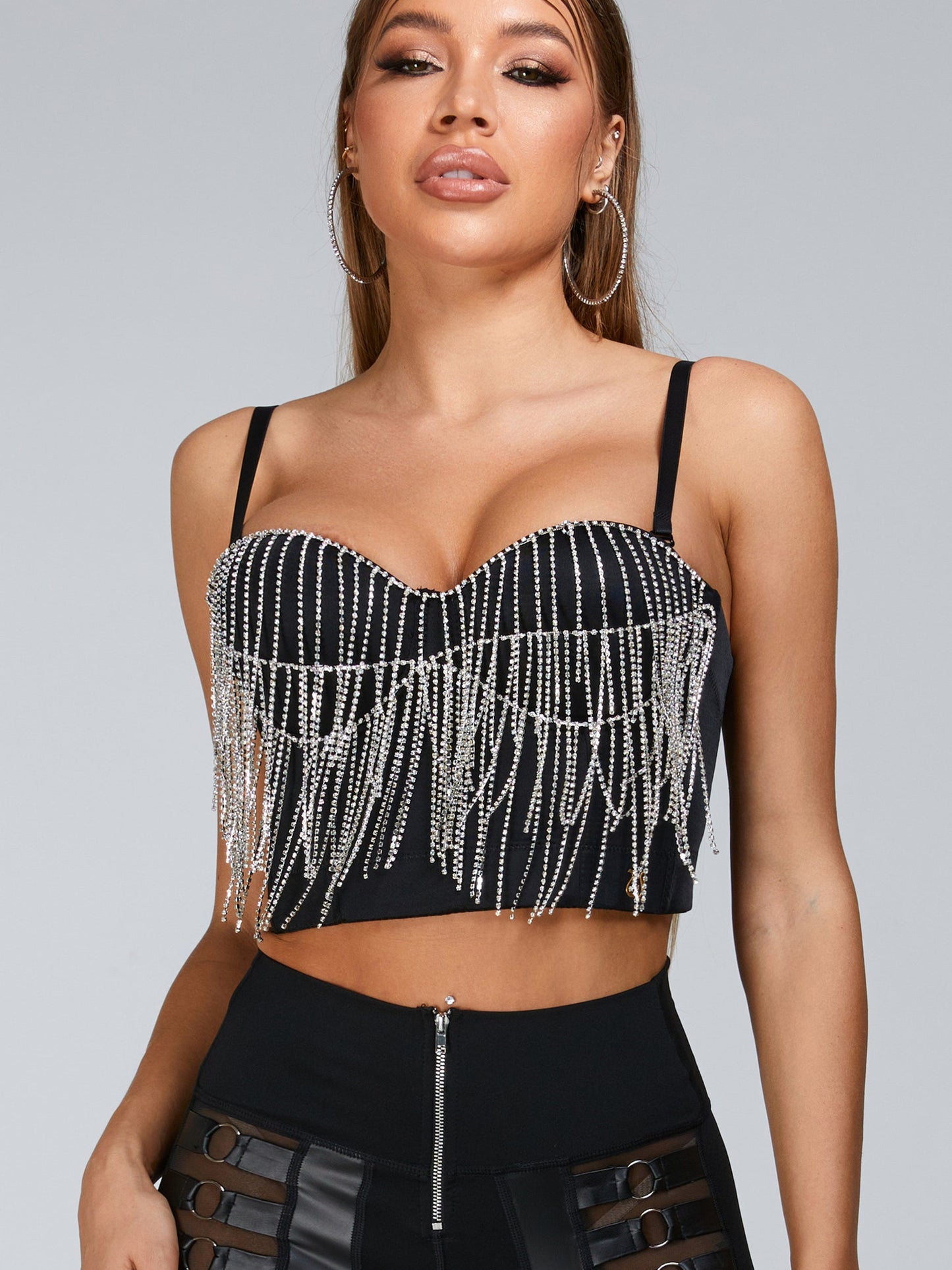 BUYCO Female “Stitching Fitted” Cutout Mesh Beading Tassel Corset Tracksuit