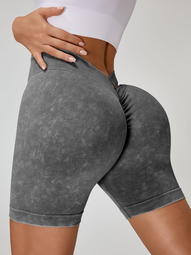 BUYCO Female Deep V Back Faux Denim Ruched Back Spandex Gym Fit Shorts
