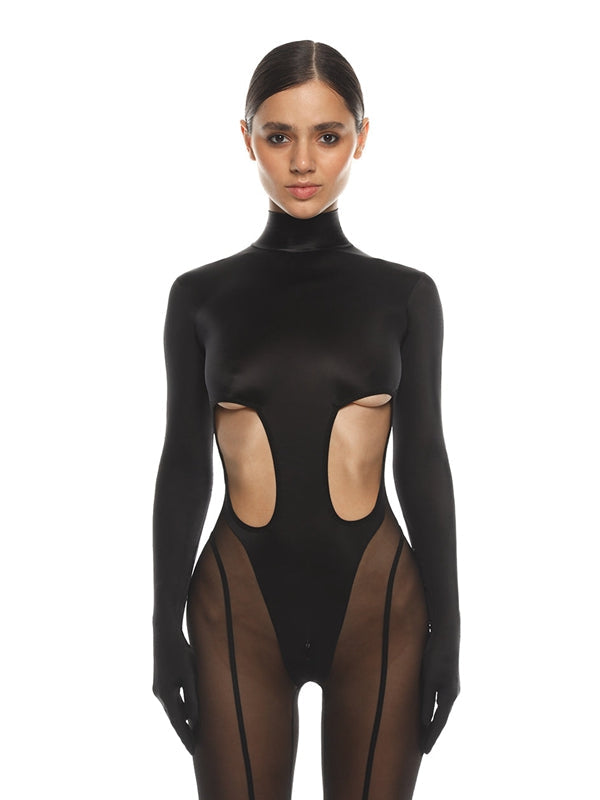 BUYCO Female Unique Cutout Super Mesh Zipper Fit Jumpsuit