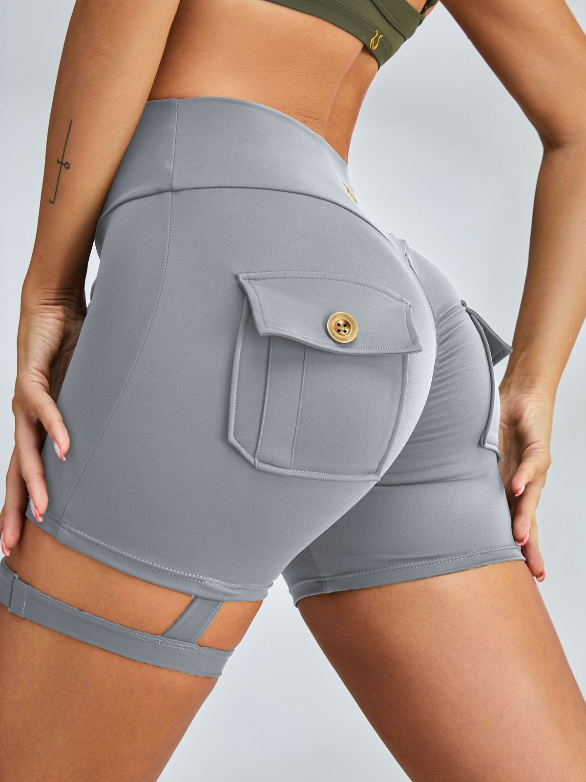 BUYCO Female Unique Cut Out Pocket Mesh Ruched Back Spandex Gym Fit Shorts