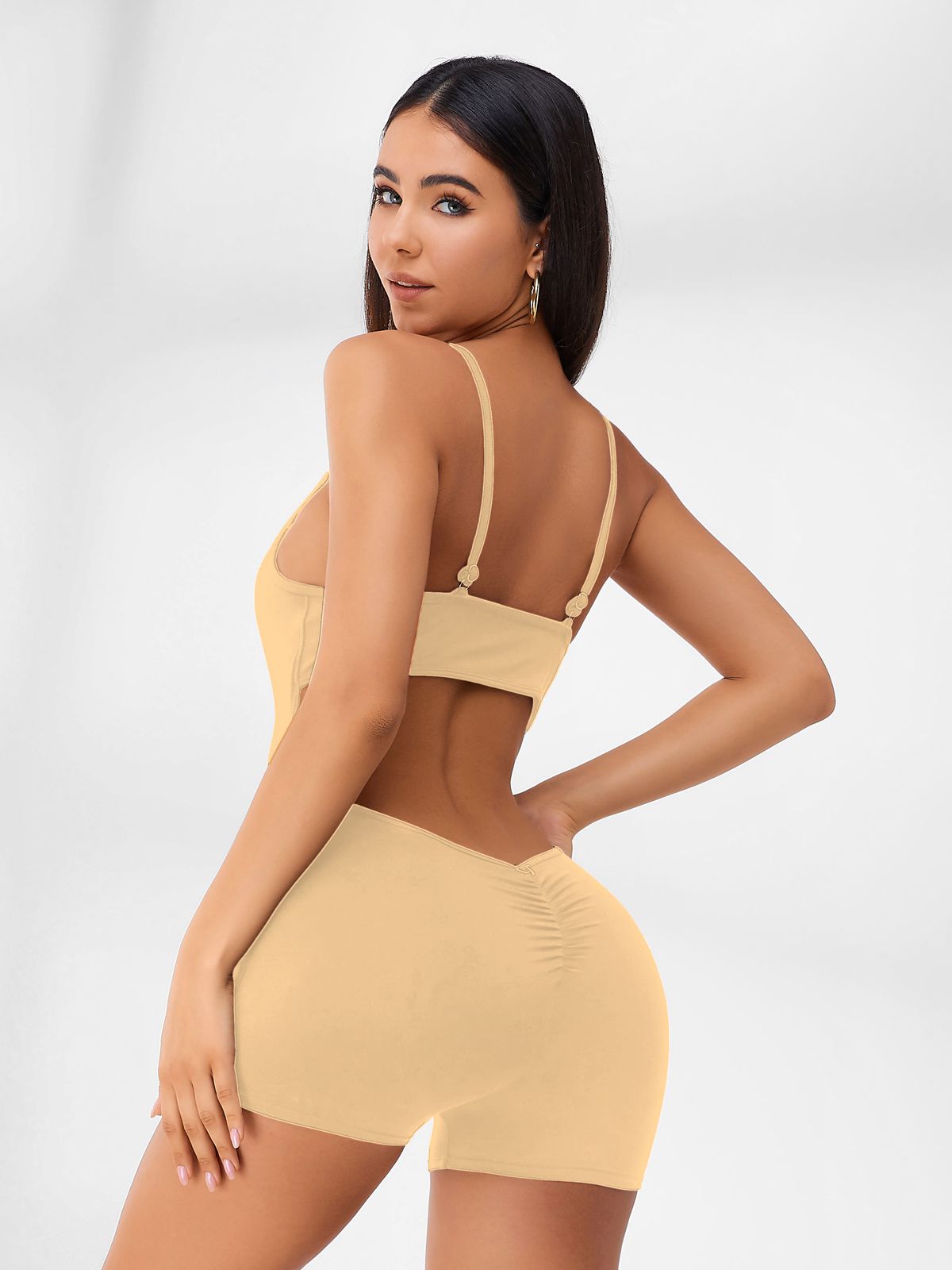 BUYCO Female Hollow Out U-collar Ruched Back Romper