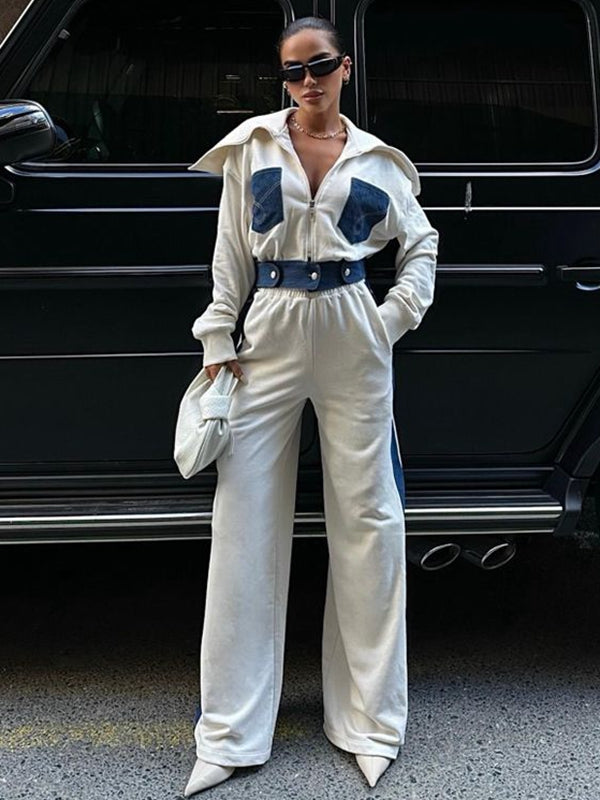 BUYCO Female Fitted Denim Contrast Color Pocket Casual Tracksuit