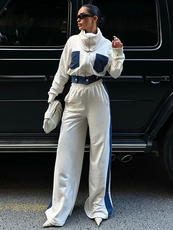 BUYCO Female Fitted Denim Contrast Color Pocket Casual Tracksuit