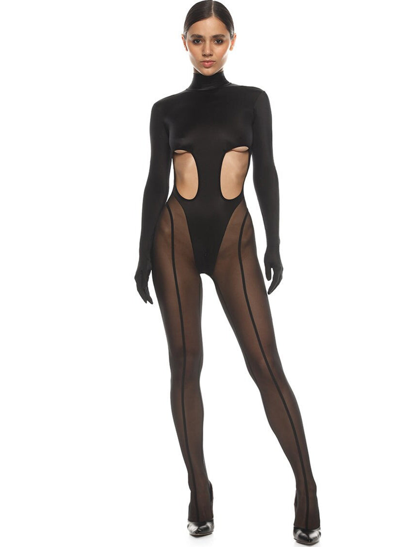 BUYCO Female Unique Cutout Super Mesh Zipper Fit Jumpsuit
