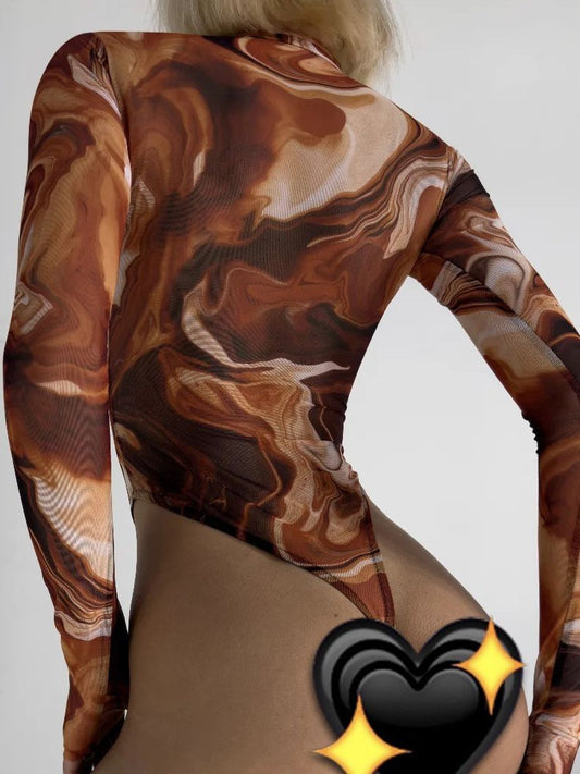 BUYCO Female Fitted Modern Tie-dye Print Sheer Mesh Bodysuit