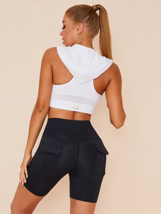 BUYCO Female Solid Color Hooded Vests Pockets Short Tracksuit