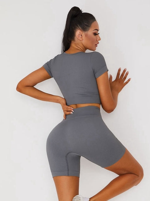 BUYCO Female Knitted Chest Zipper Drawstring Ribbed Short Tracksuit